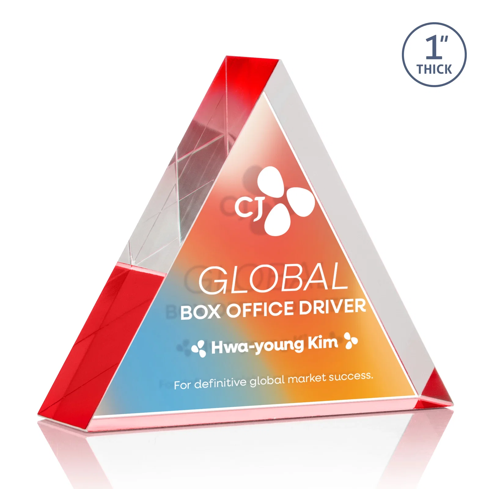 Customized One-Inch-Thick Acrylic Triangle Desk Award for dealer and partner awards