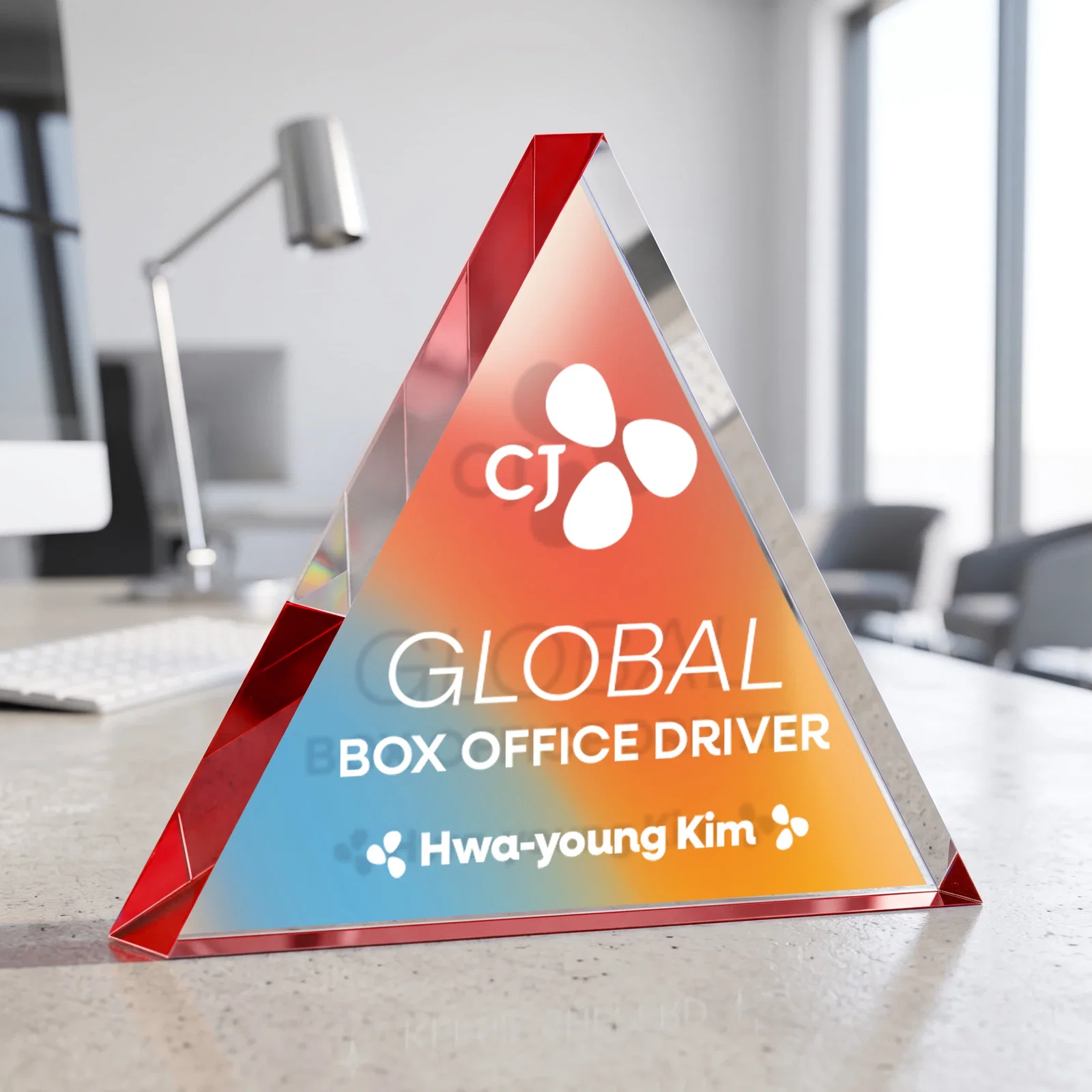 Customized One-Inch-Thick Acrylic Triangle Desk Award for company anniversary events