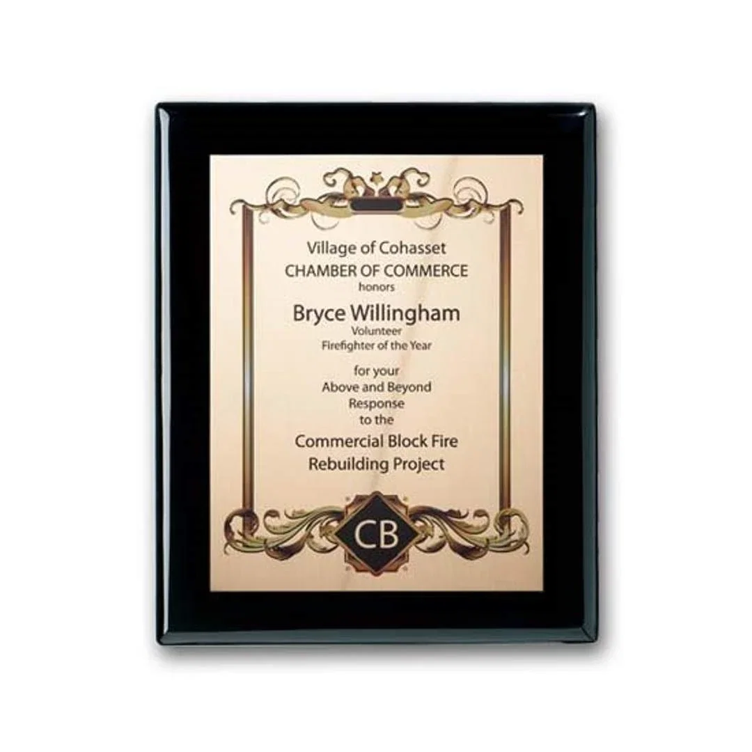 Custom Full Color Gold Plate Plaque on Ebony Piano Finish for corporate award ceremonies