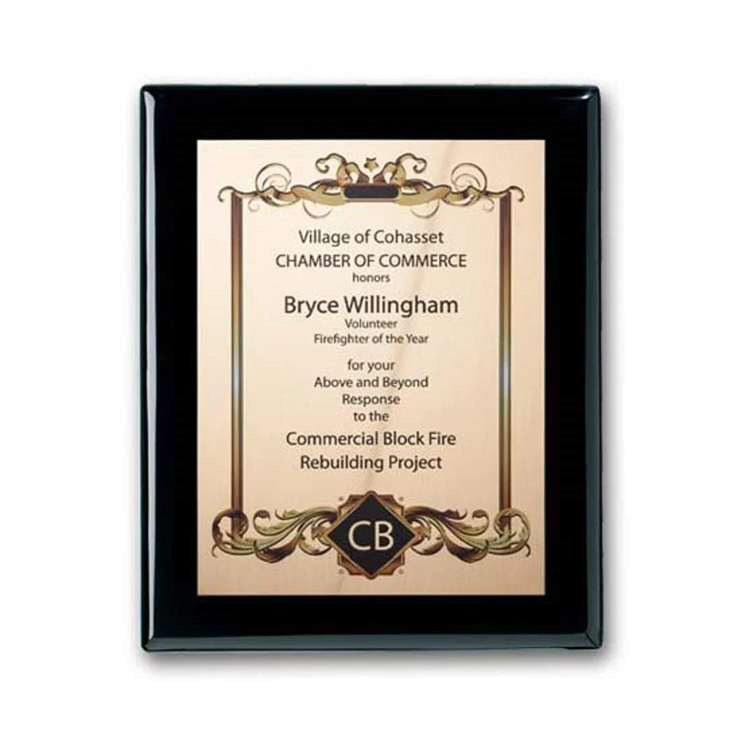 Custom Full Color Gold Plate Plaque on Ebony Piano Finish for service anniversary gifts