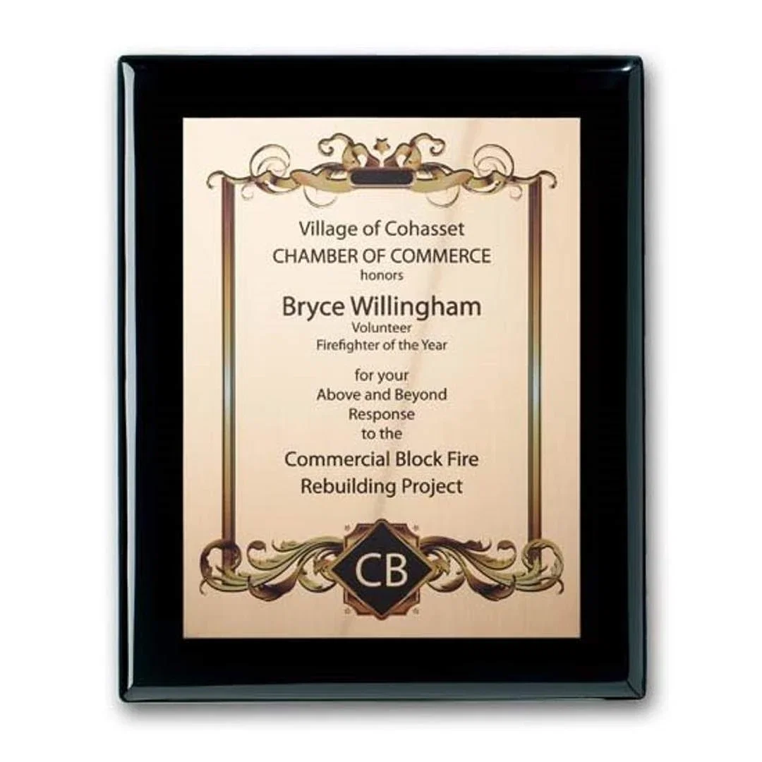 Custom Full Color Gold Plate Plaque on Ebony Piano Finish for sales achievement awards