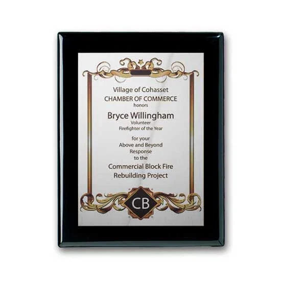 Custom Full Color Silver Plate Plaque on Ebony Piano Finish for corporate award ceremonies