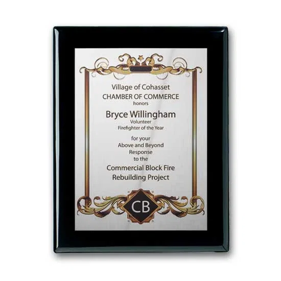 Custom Full Color Silver Plate Plaque on Ebony Piano Finish for service anniversary gifts
