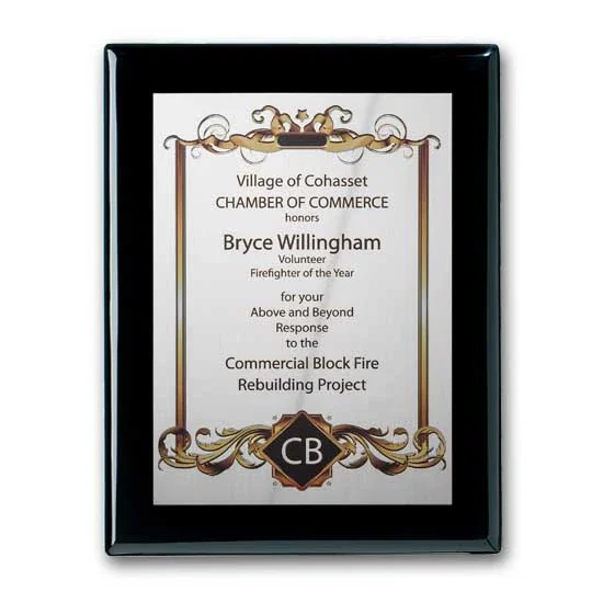 Custom Full Color Silver Plate Plaque on Ebony Piano Finish for sales achievement awards
