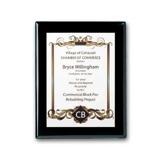 Custom Full Color White Plate Plaque on Ebony Piano Finish for employee recognition