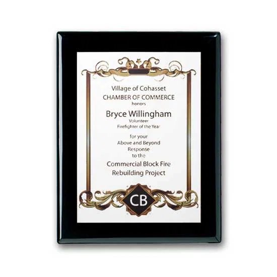 Custom Full Color White Plate Plaque on Ebony Piano Finish for corporate award ceremonies