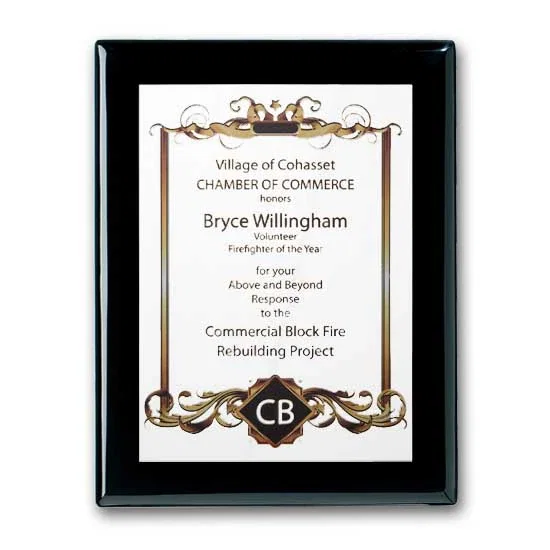 Custom Full Color White Plate Plaque on Ebony Piano Finish for sales achievement awards