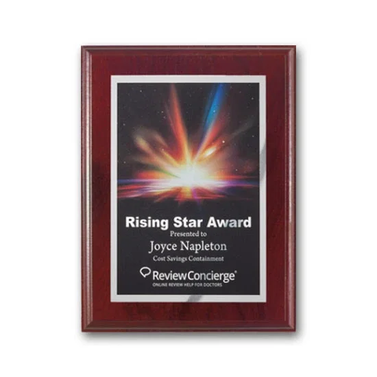 Custom Full Color Silver Plate Plaque on Mahogany Walnut for employee recognition