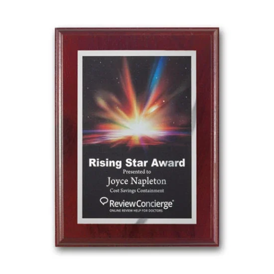 Custom Full Color Silver Plate Plaque on Mahogany Walnut for corporate award ceremonies