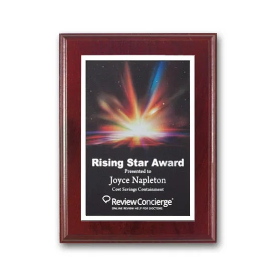 Custom Full Color White Plate Plaque on Mahogany Walnut for employee recognition