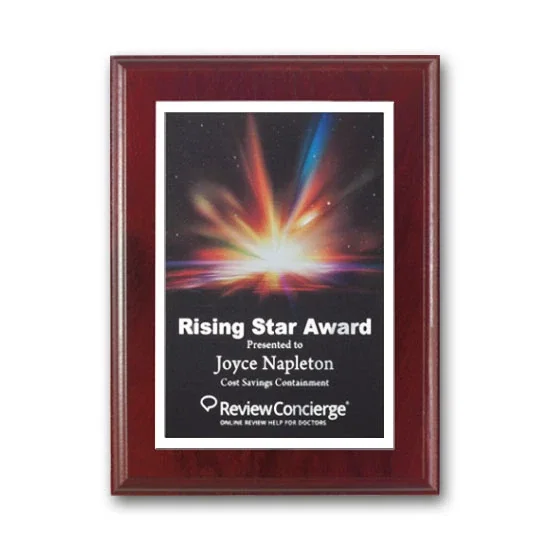 Custom Full Color White Plate Plaque on Mahogany Walnut for corporate award ceremonies