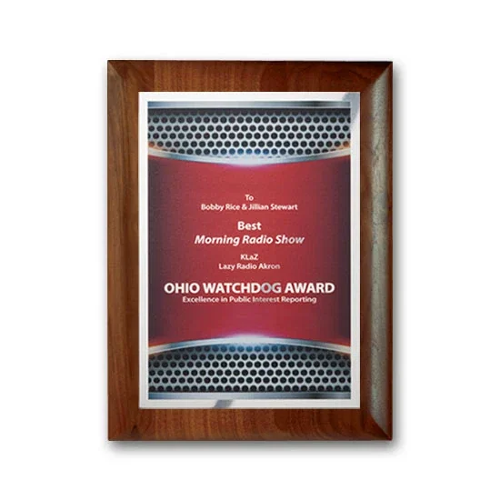 Custom Full Color Silver Plate Plaque on Rolled-Edge Walnut for employee recognition