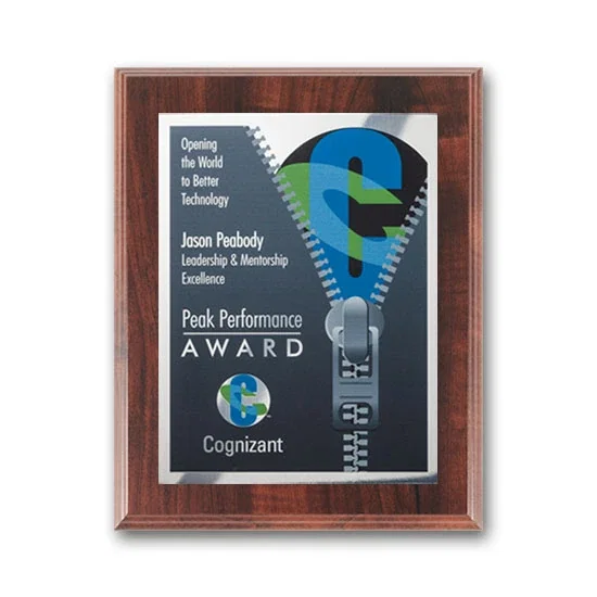 Custom Full Color Silver Plate Plaque on Simulated Walnut for corporate award ceremonies