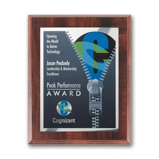 Custom Full Color Silver Plate Plaque on Simulated Walnut for service anniversary gifts