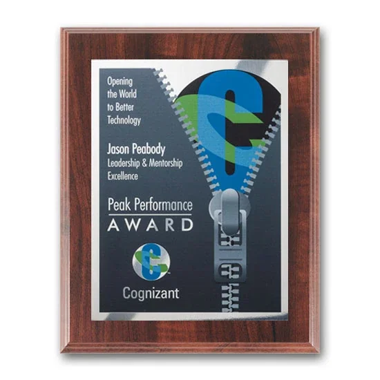Custom Full Color Silver Plate Plaque on Simulated Walnut for sales achievement awards