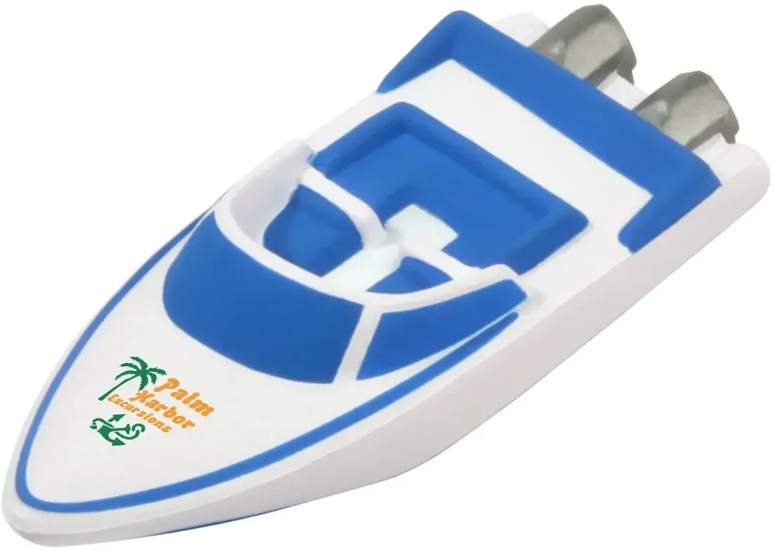 Custom Speedboat Stress Reliever, branded foam squeeze toy shaped like a speedboat for marina logo giveaways