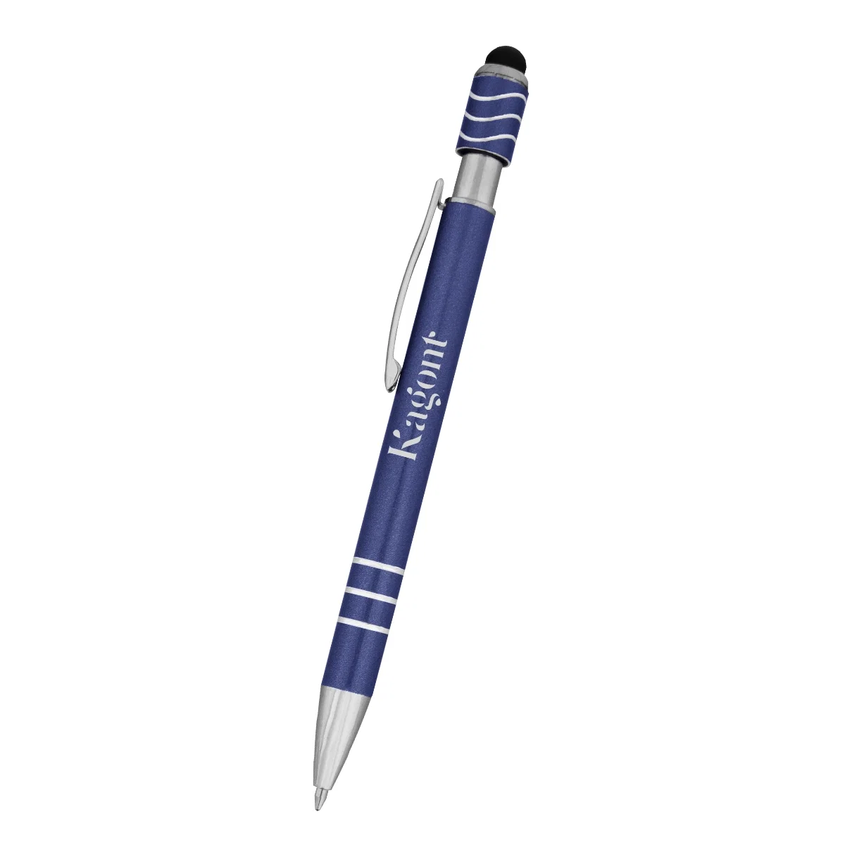 Metallic barrel twist pen topped with a soft stylus tip