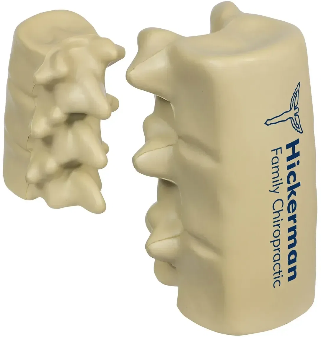 Custom Spinal Segment Stress Reliever shaped like a spinal segment, molded foam with promotional logo