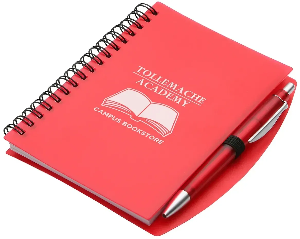 Custom branded spiral notebook with matching pen, angled view