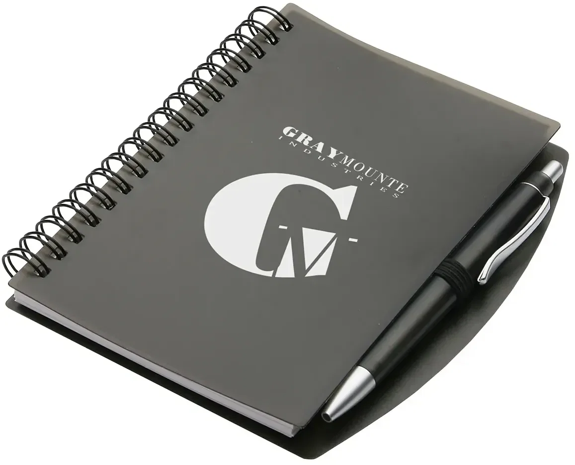 Close-up of logo imprint on promotional hardcover notebook cover