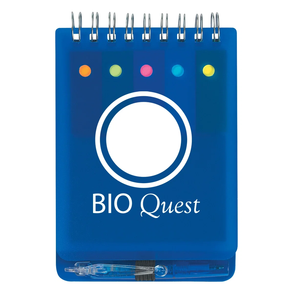 Spiral bound jotter with a pen clipped at the cover