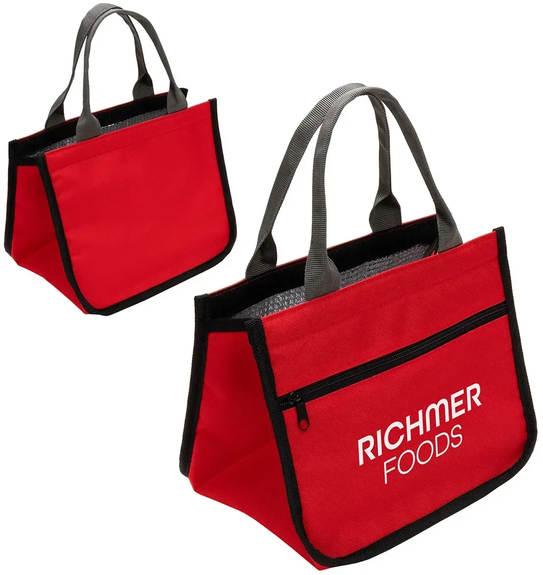 Branded insulated lunch tote, side profile with carry handle