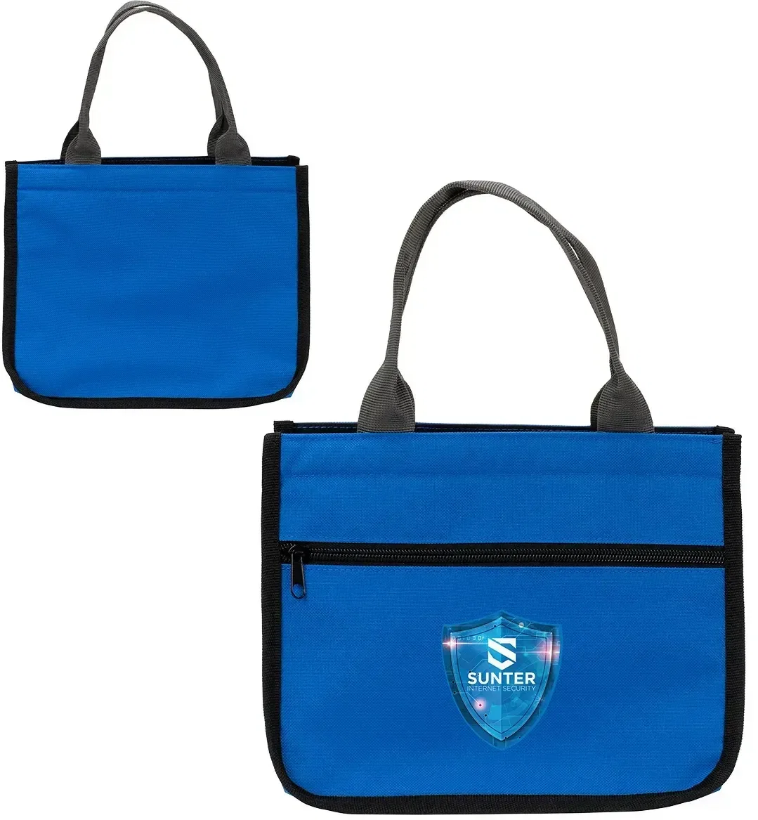 Custom 600D poly lunch tote with zip top, angled view