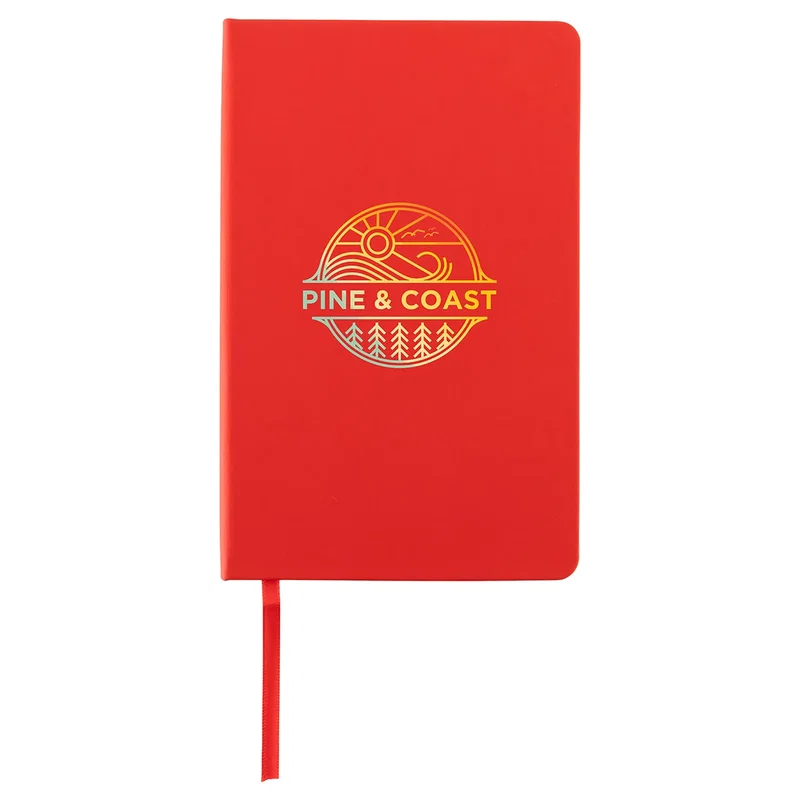 Custom Splash Hardcover Journal held in hand, branded journal in-use shot