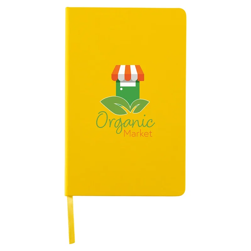 Custom Splash Hardcover Journal shown open on a table, branded journal lifestyle detail shot