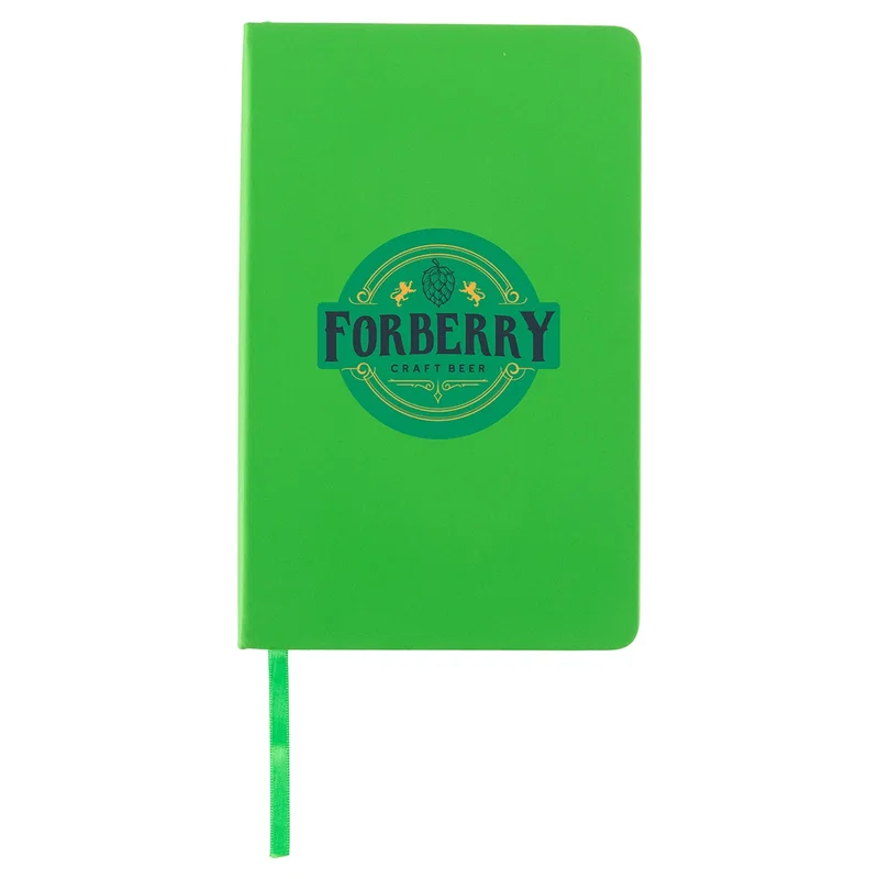 Promotional Splash Hardcover Journal on a desk, branded journal lifestyle shot