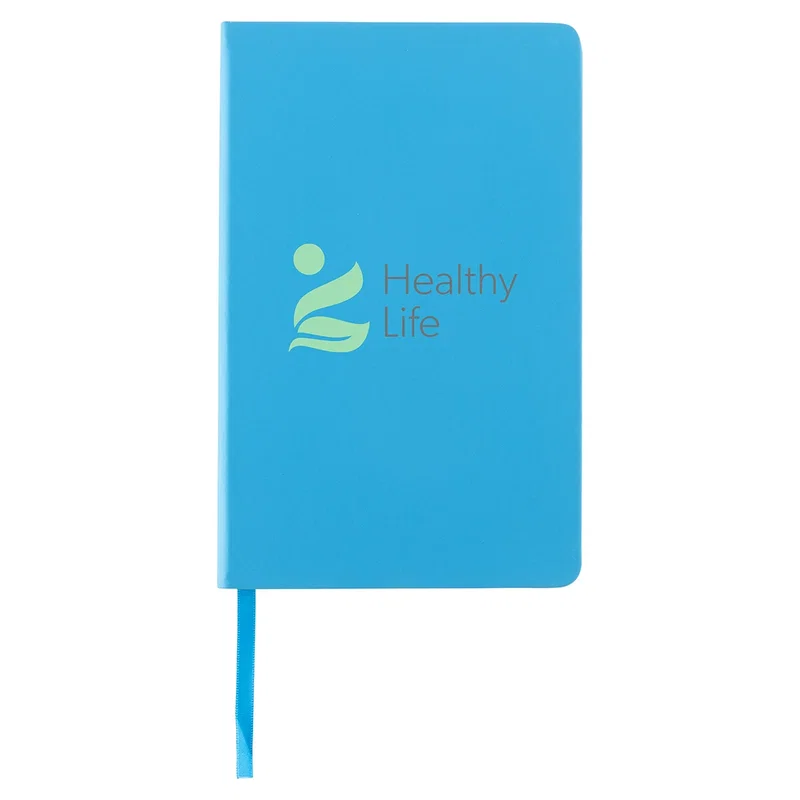 Splash Hardcover Journal shown with a pen, branded journal writing accessory shot