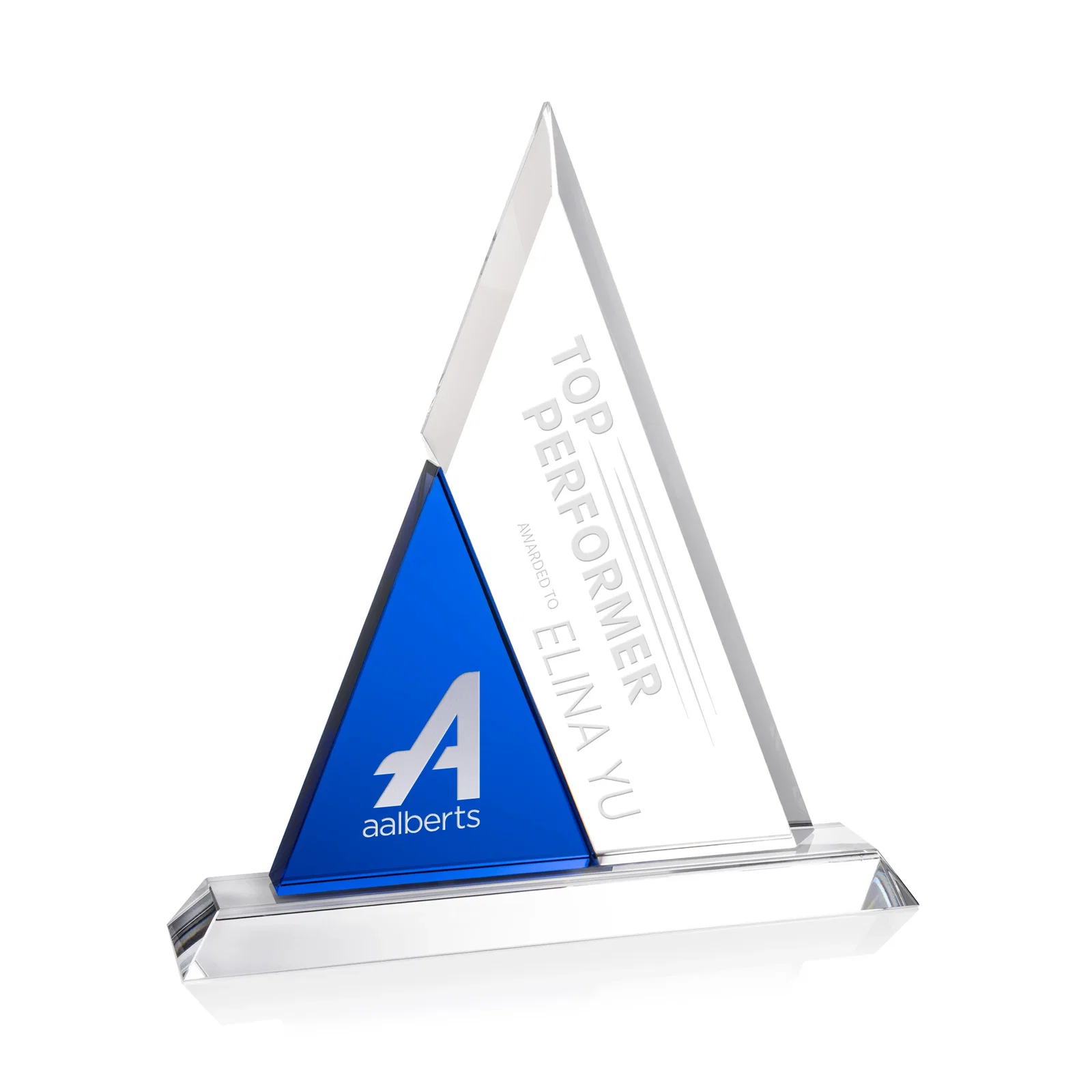 Custom Two-Tone Optical Crystal Triangle Award on Polished Base for corporate award ceremonies