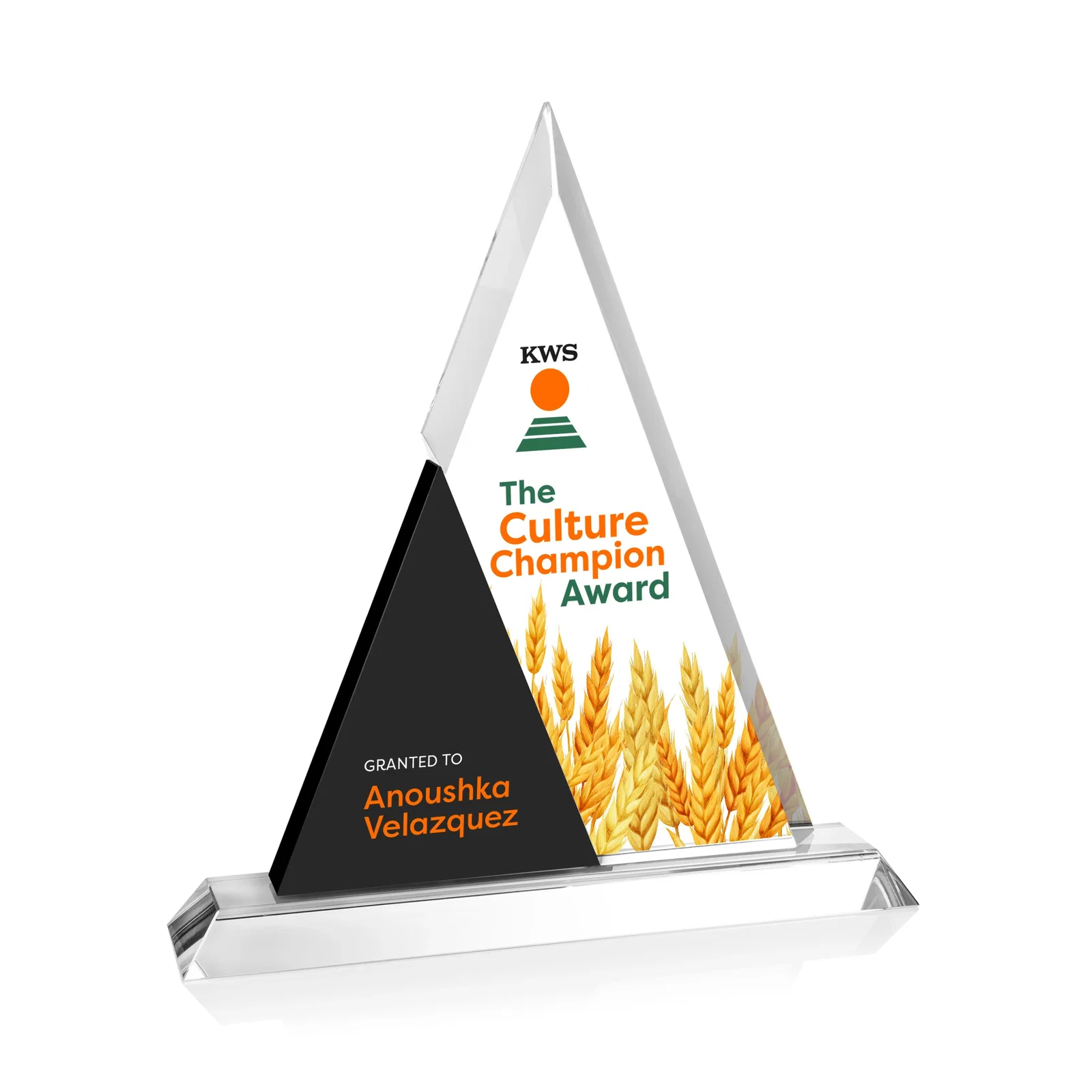 Custom Two-Tone Optical Crystal Triangle Award on Polished Base for retirement presentations