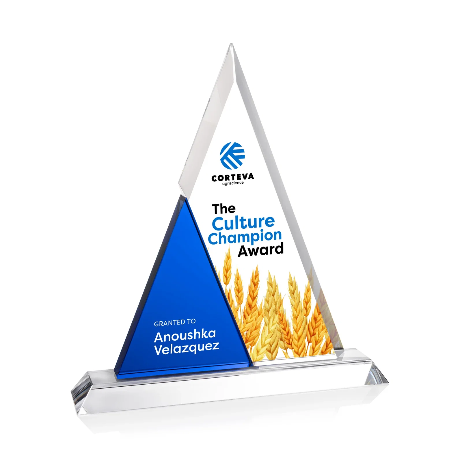 Custom Two-Tone Optical Crystal Triangle Award on Polished Base for team milestone celebrations