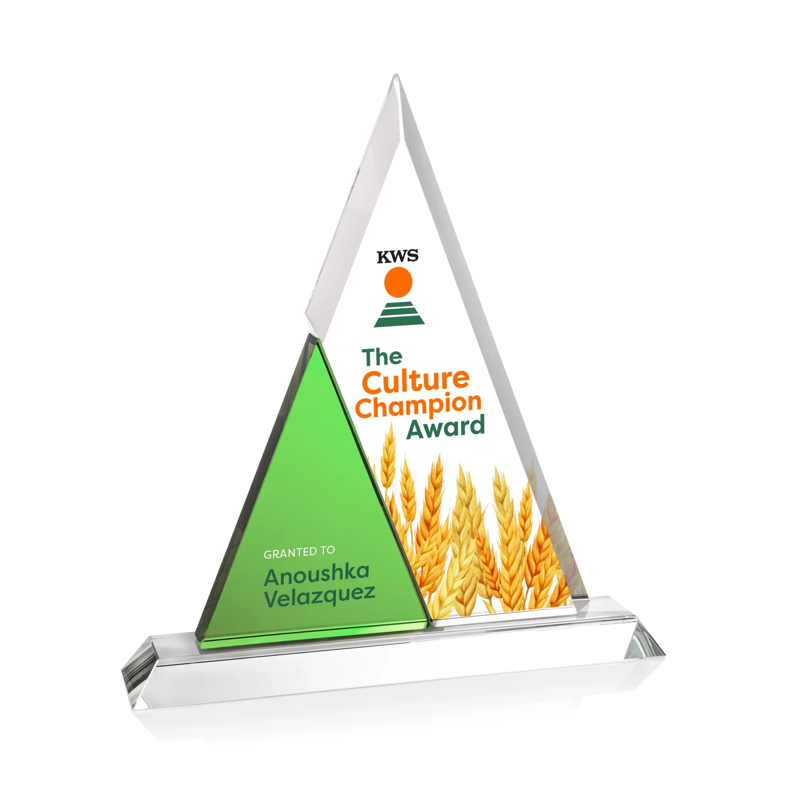 Custom Two-Tone Optical Crystal Triangle Award on Polished Base for donor appreciation