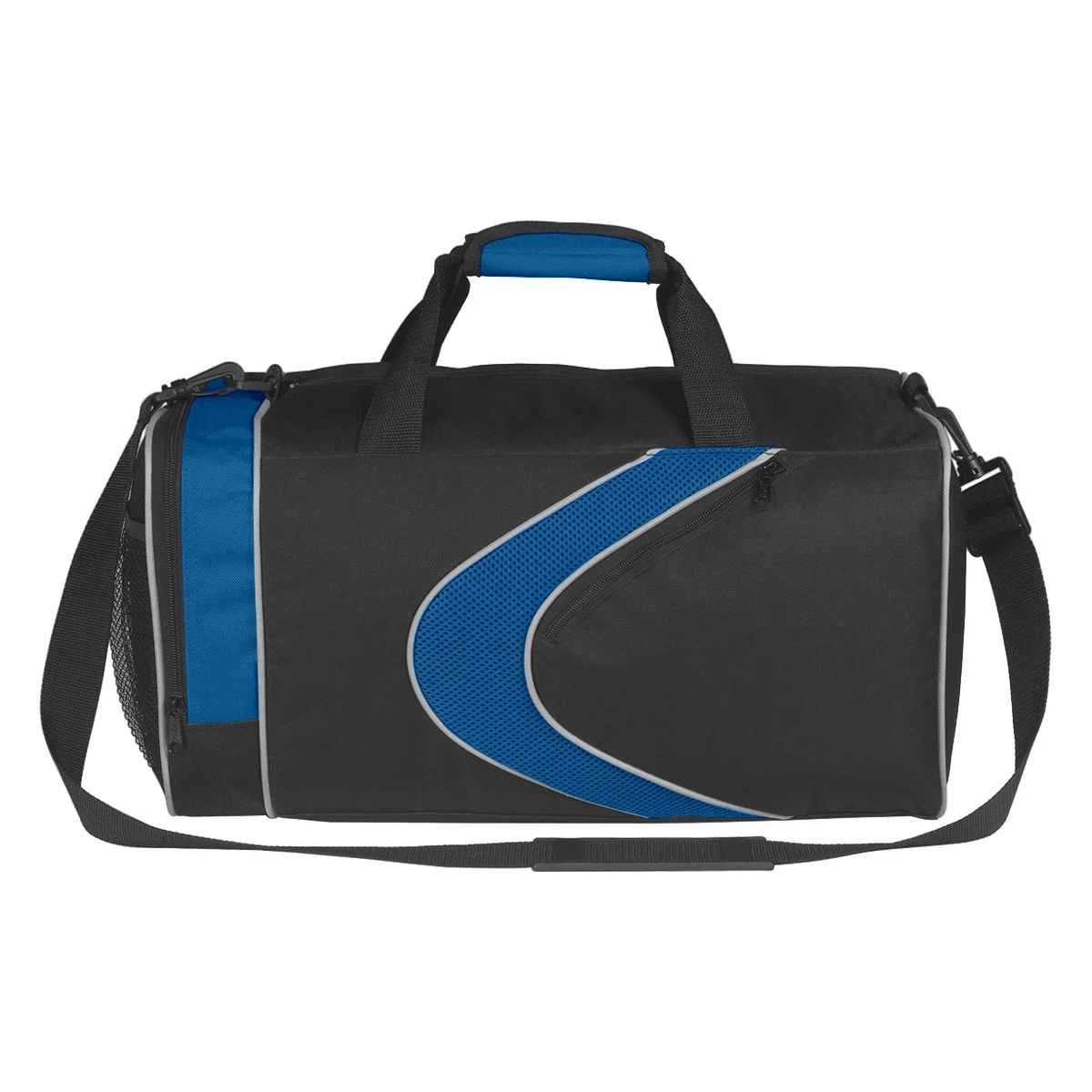 Two-tone gym bag measuring 19 inches wide for practice gear