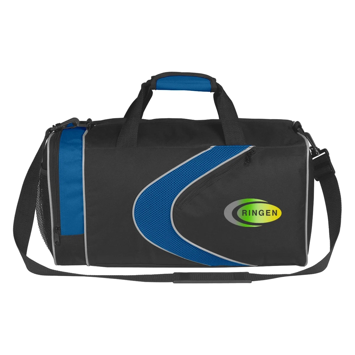 Side panel of the duffel showing its contrast color trim