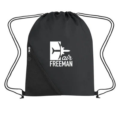 Black drawstring sports pack with an outside mesh pocket