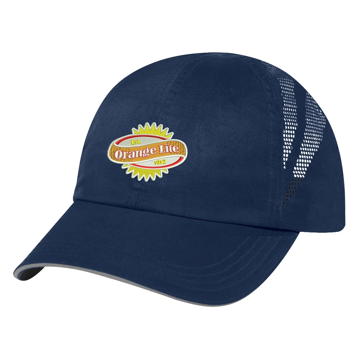 Navy version of the athletic cap shown from the side