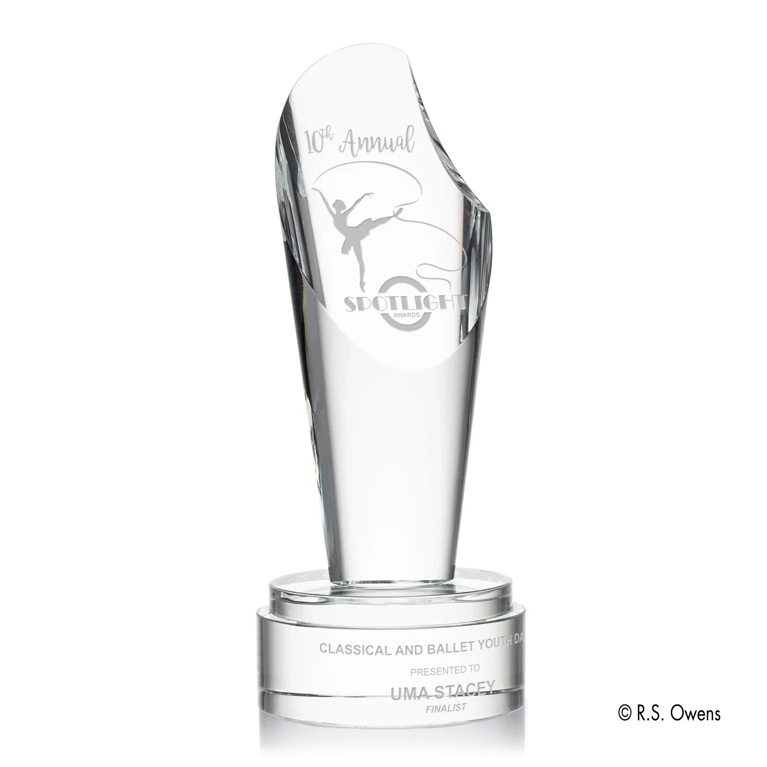 Custom Optical Crystal Spotlight Award with Beveled Swoosh Accent, awards for employee recognition