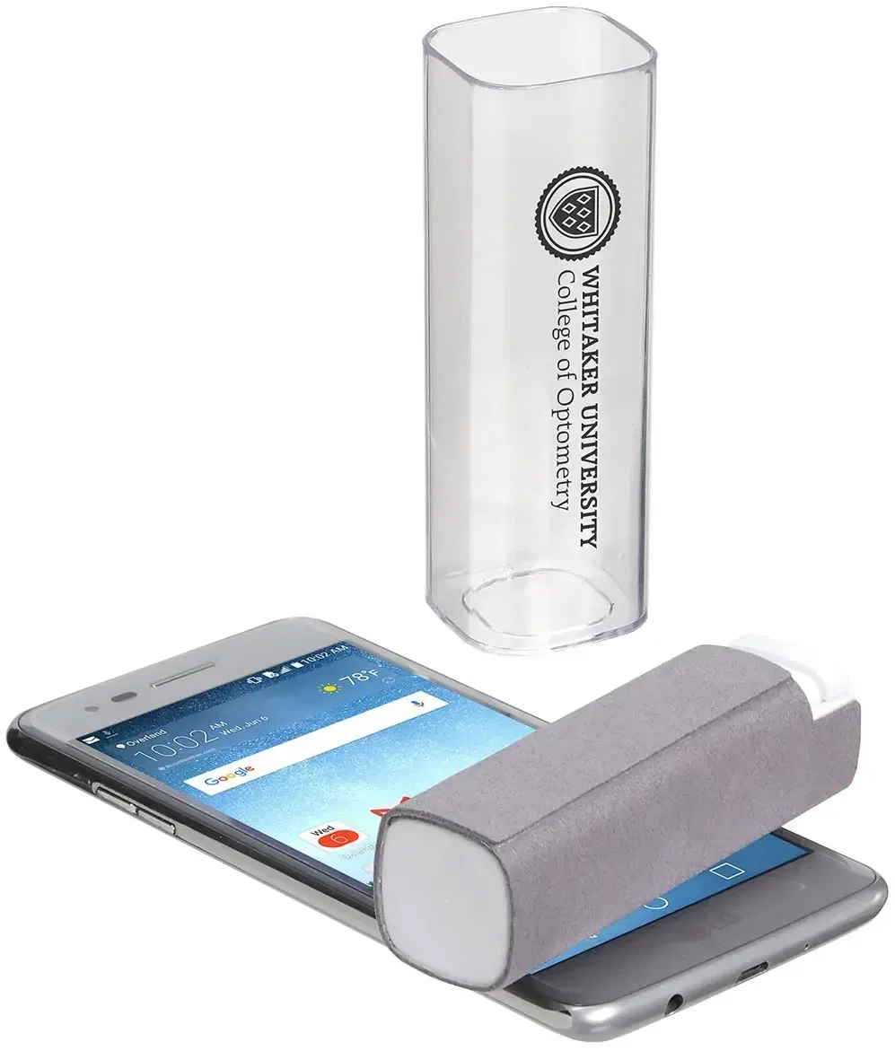 Custom Spray & Swipe screen cleaner side view showing wrap-around microfiber cloth