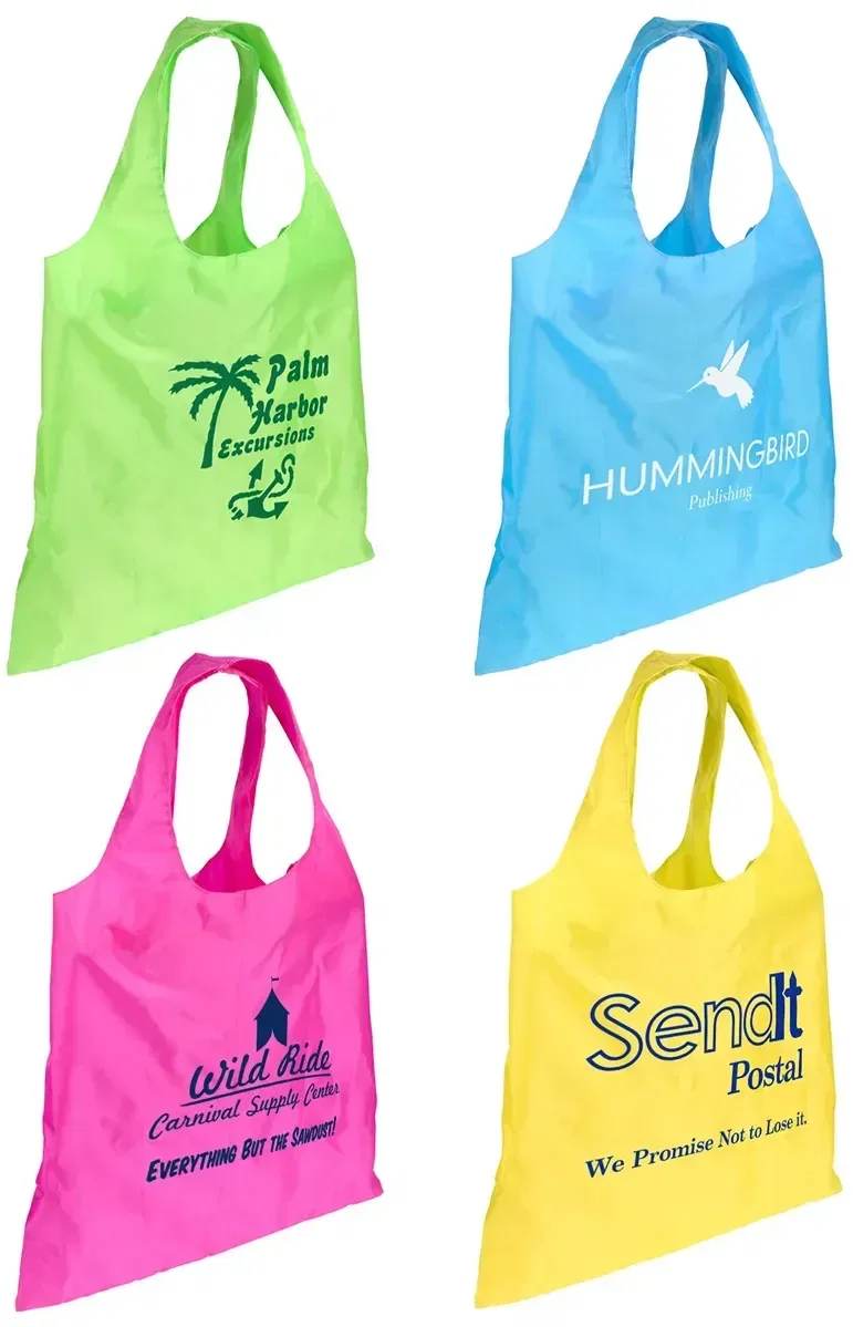 Custom Spring Sling carabiner folding tote bag, branded packable shopper front view with logo area