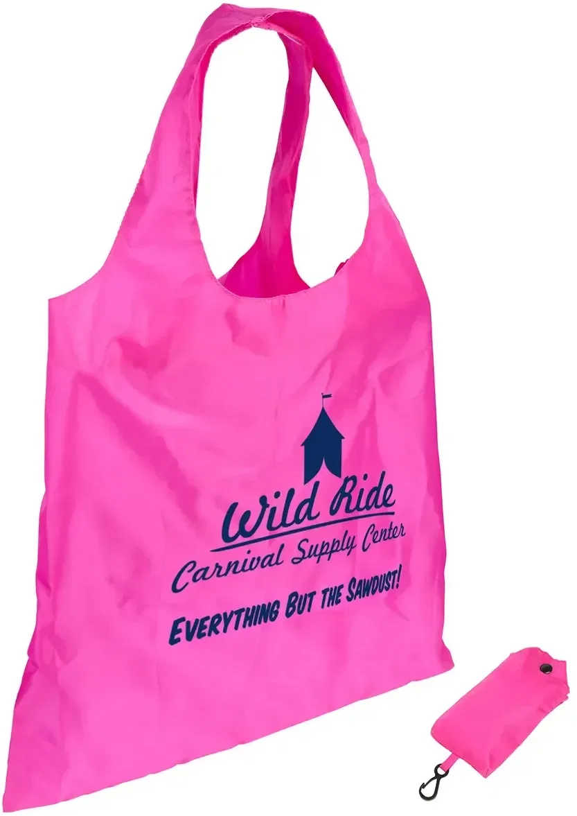 Custom carabiner folding tote bag shown folded into its compact clip pouch