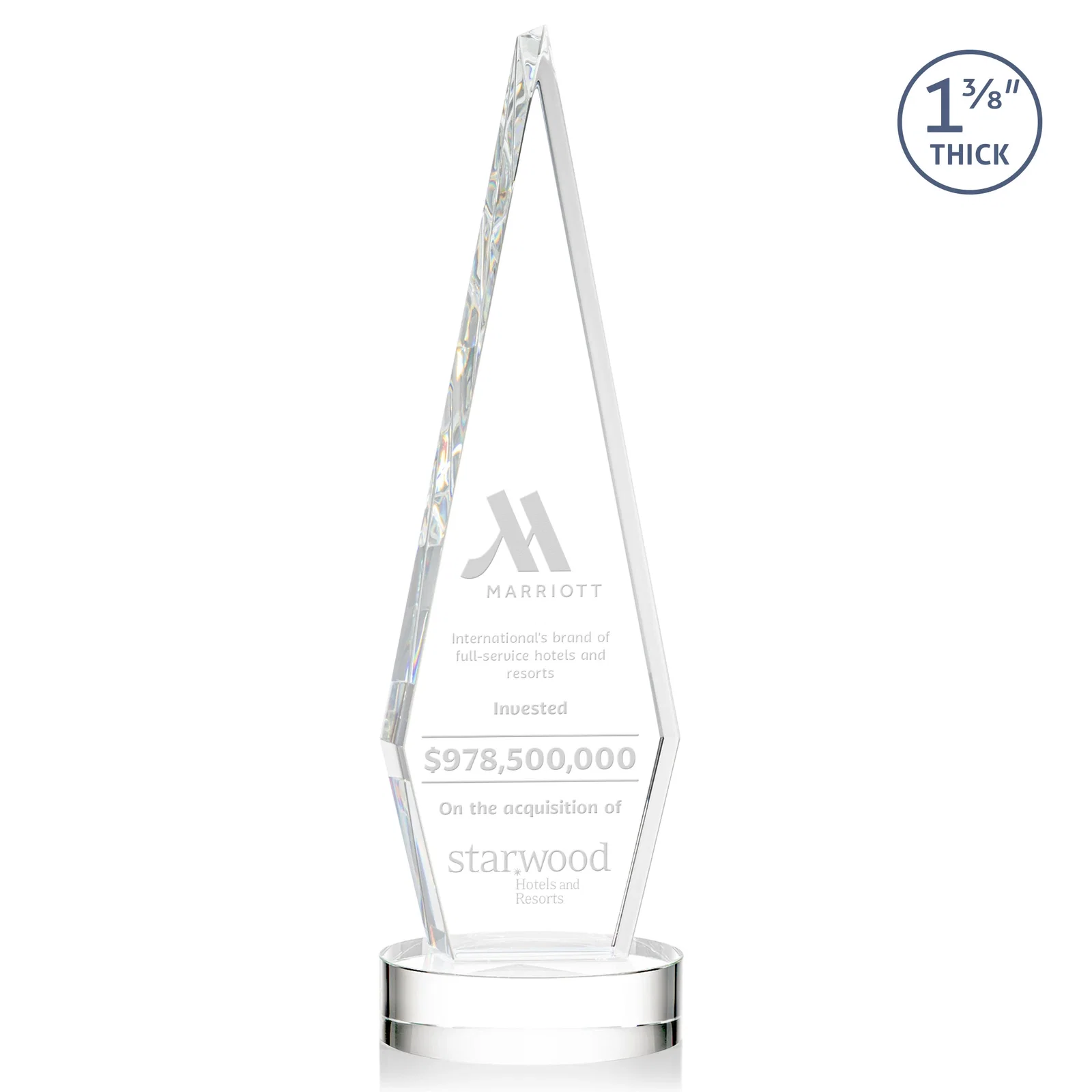 Custom Optical Crystal Diamond Award with Second Etch Position for retirement presentations