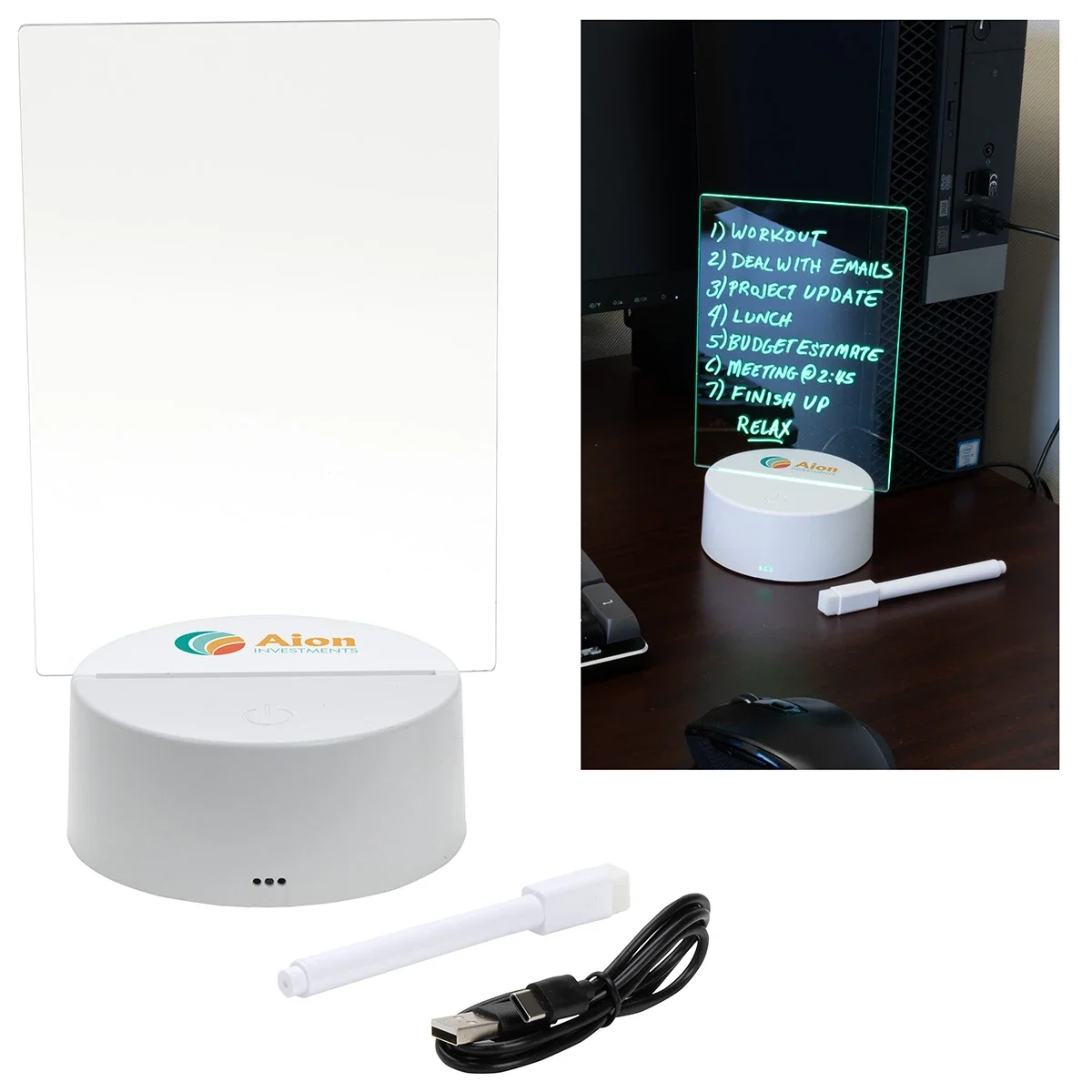 Promotional Sprite light-up writing pad on a desk, custom branded illuminated LED message board