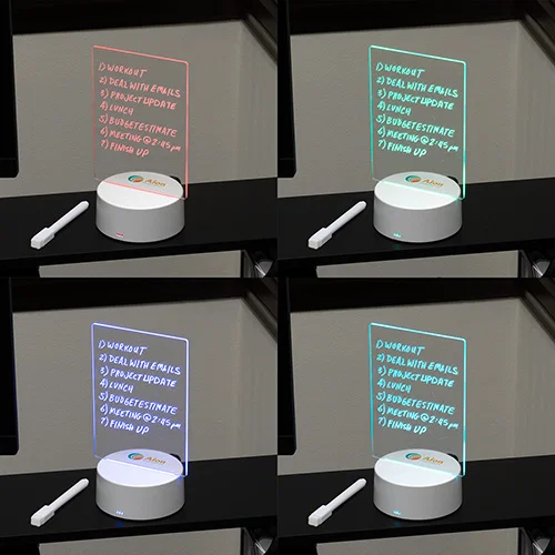 Custom branded Sprite light-up writing pad glowing, front view of promotional LED message board