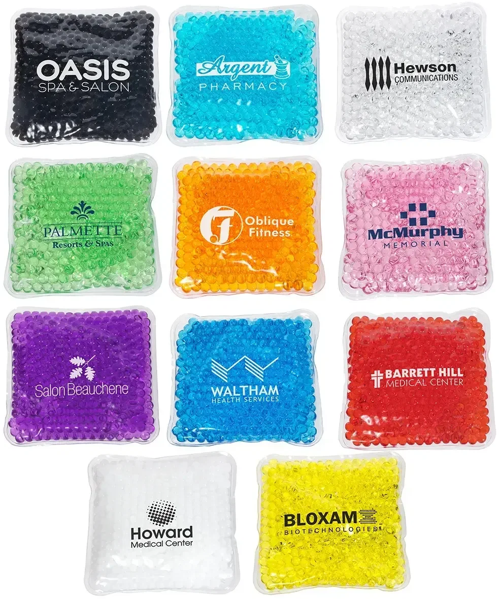 Square Aqua Pearls Hot/Cold Pack, custom dual-temperature therapy pack front view with logo