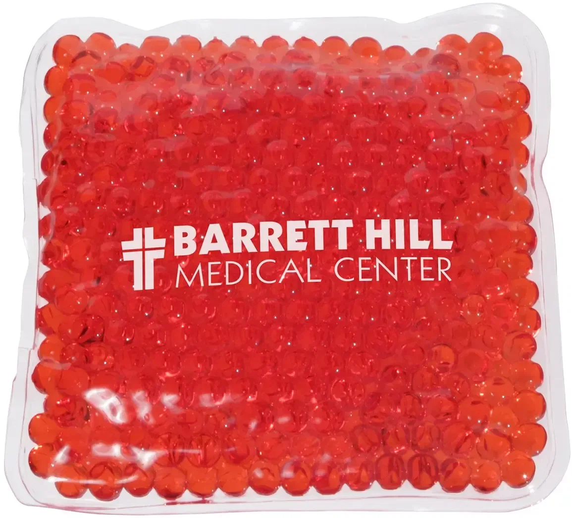 Close-up of the custom square Aqua Pearls therapy pack showing the gel pearl fill and logo area