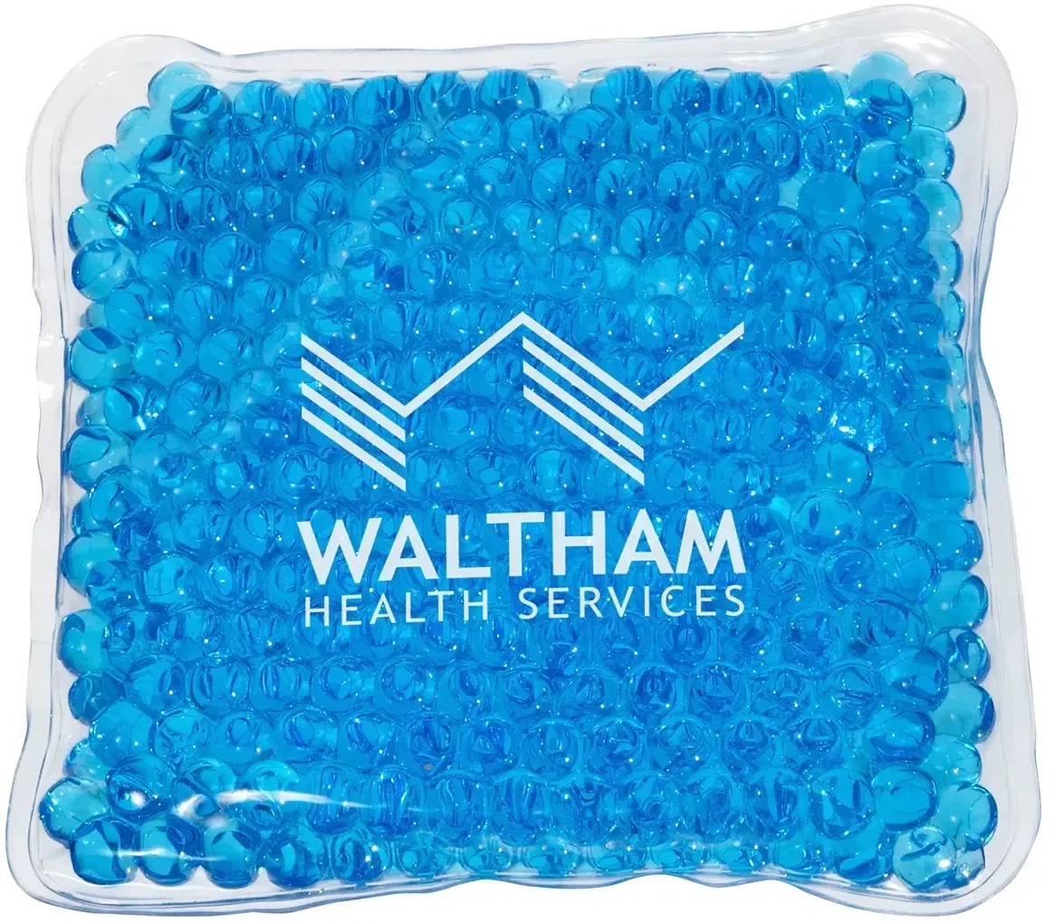 Promotional square Aqua Pearls hot/cold pack held to show scale with branded logo space
