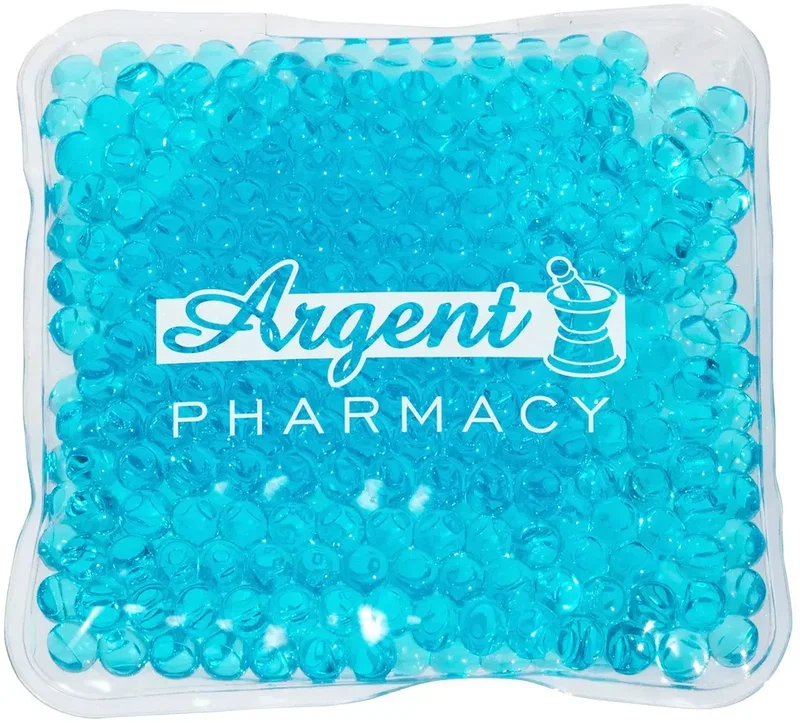 Custom square Aqua Pearls therapy pack shown flat to display its full logo imprint area
